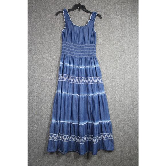 Lapis Dress Womens Large Blue Smocked 100% Cotton Embroidered Maxi Cowgirl Rodeo - Picture 2 of 4